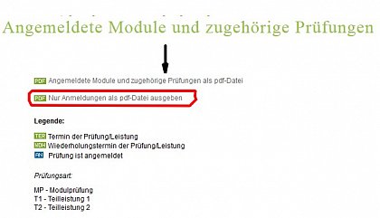 Angemeldete Module und Prfungen